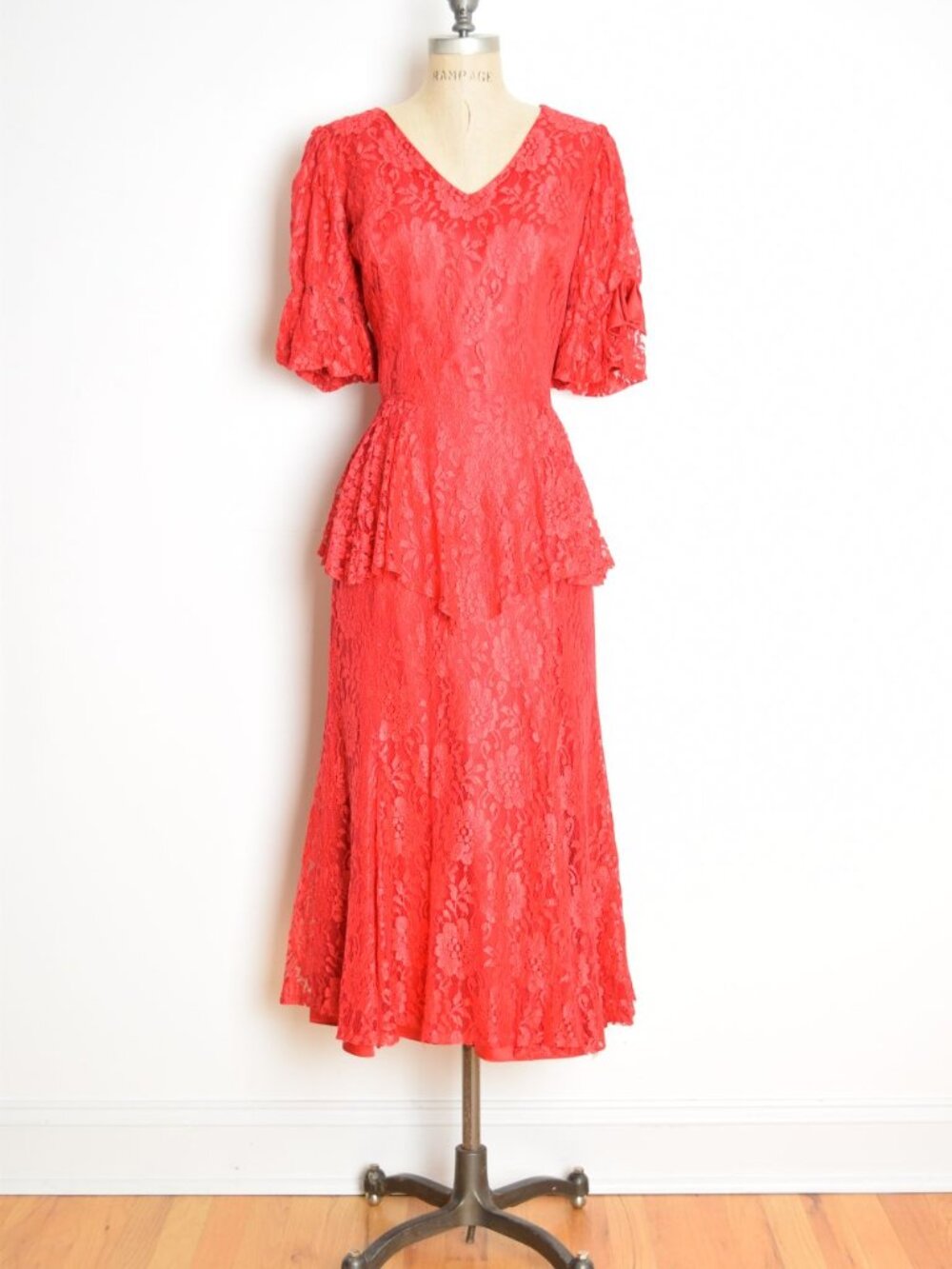 vintage 80s party dress red lace pull sleeve peplum party midi tea length L